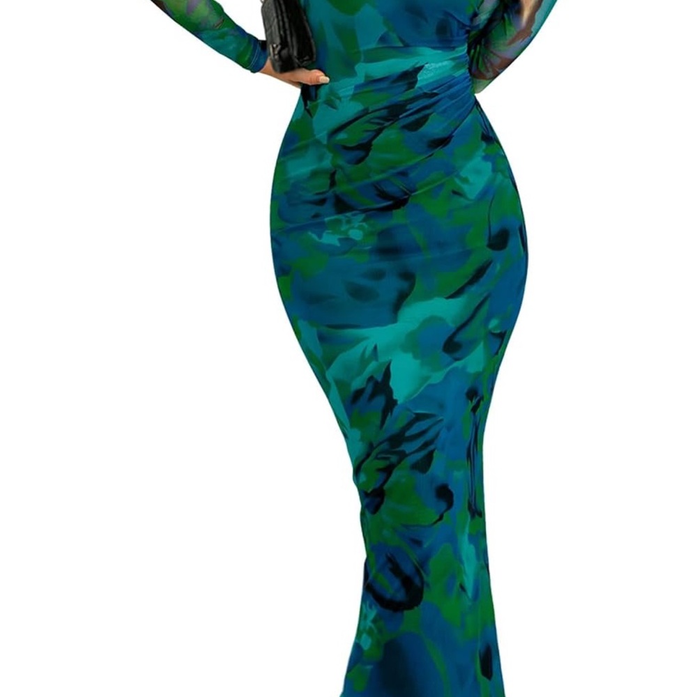 Mesh long sleeve blue & green dress